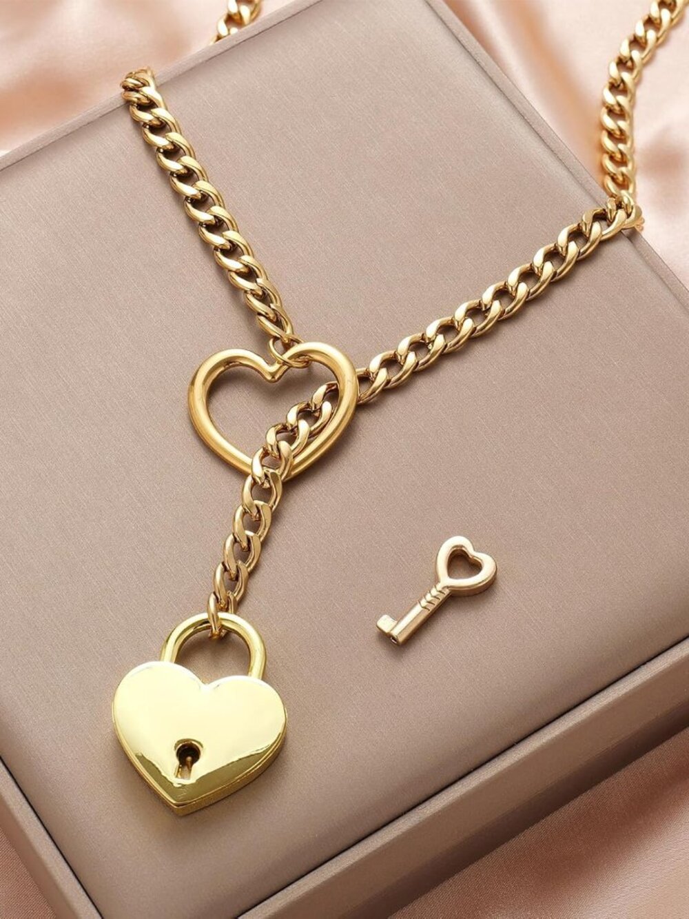 Heart O-ring Slip Chain Necklace for Women Punk Rock Stainless Steel Cuban Long - Picture 2 of 3